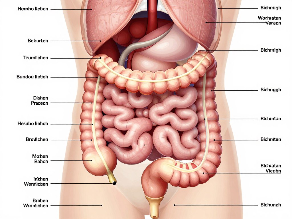 Anatomische Darstellung des menschlichen Verdauungssystems mit Fokus auf den Darm