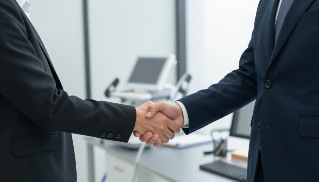 Business partnership handshake for medical equipment distribution