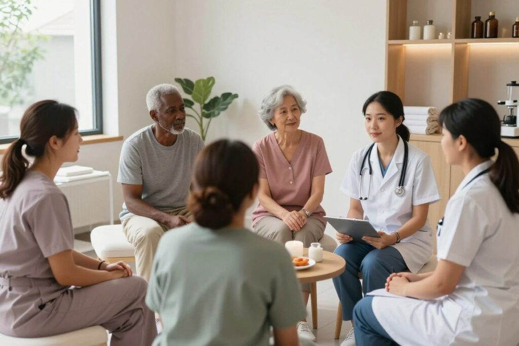 Diverse wellness center clients and healthcare professionals