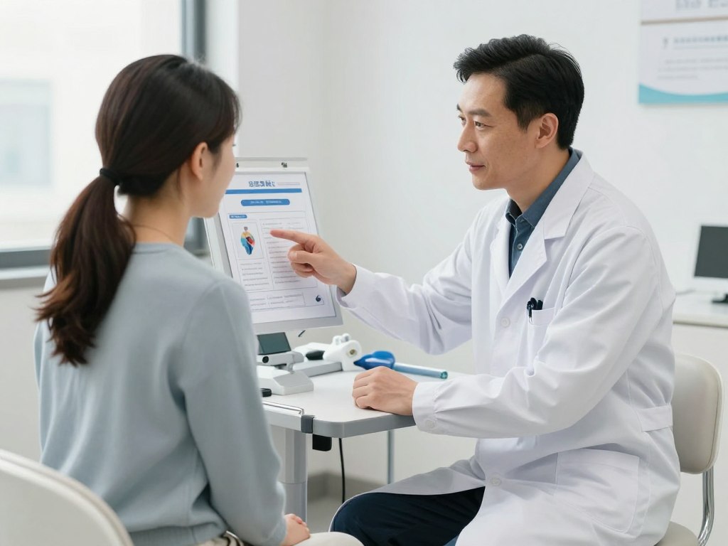 Gastroenterologe erklärt Patientin die Funktionsweise der Colon-Hydrotherapie