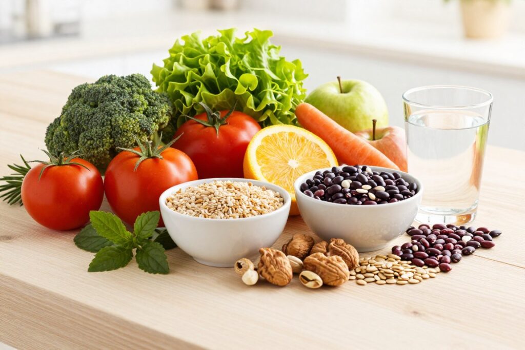 Gesunde ballaststoffreiche Ernährung mit Gemüse, Obst, Vollkorn und Wasser für Darmgesundheit