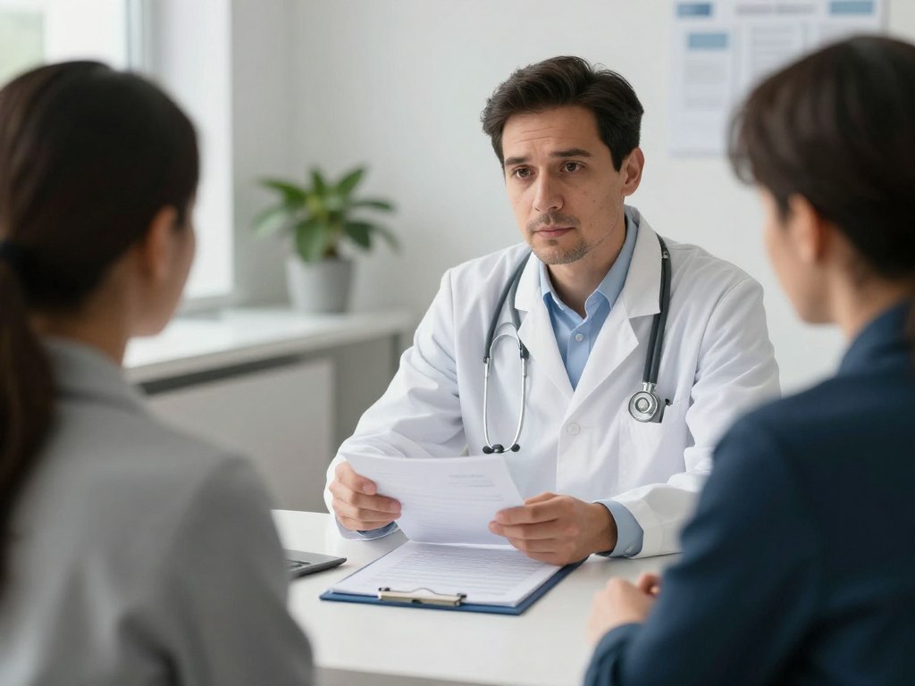 Medizinischer Fachmann erklärt Patientensicherheit und Risikoaufklärung in Beratungsgespräch
