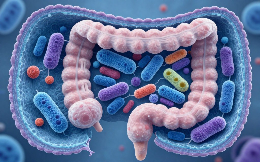 Mikroskopische Darstellung gesunder Darmbakterien und Mikrobiom-Ökosystem