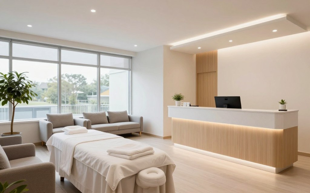 Modernes deutsches Wellness-Zentrum mit Behandlungsräumen und Wartebereich