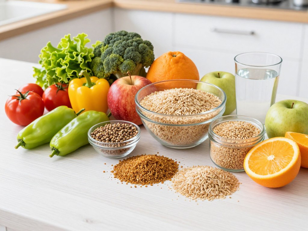 Natürliche Lebensmittel zur Darmreinigung mit Obst, Gemüse und Wasser