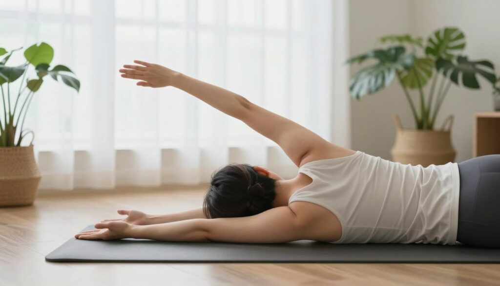 Person practicing gentle yoga and relaxation exercises before colon hydrotherapy