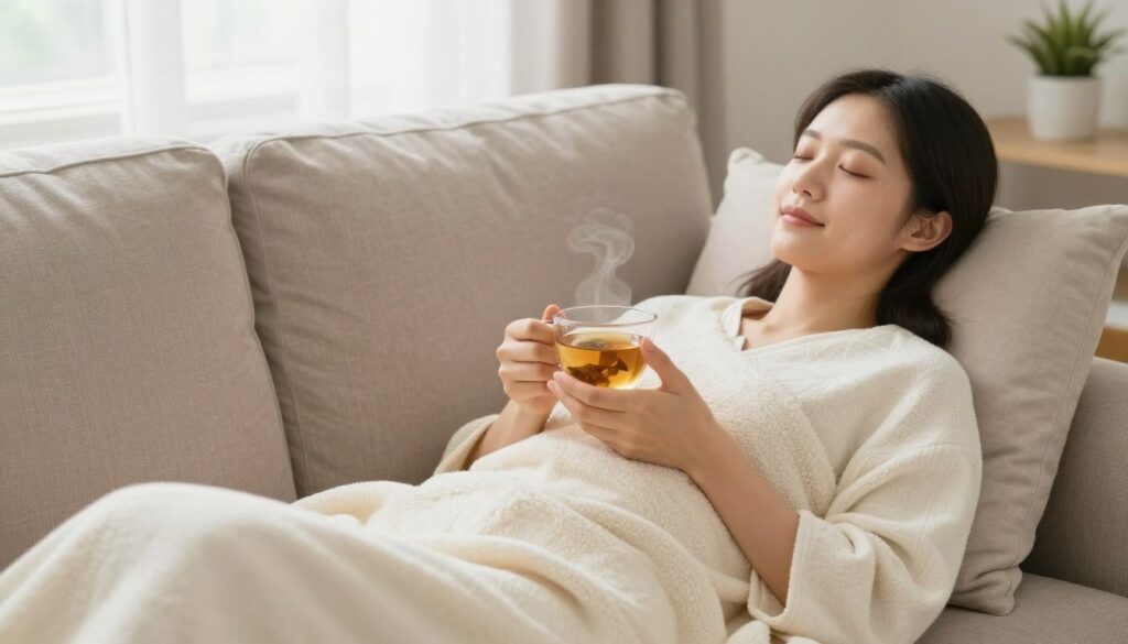 Person resting comfortably after colon hydrotherapy session with herbal tea