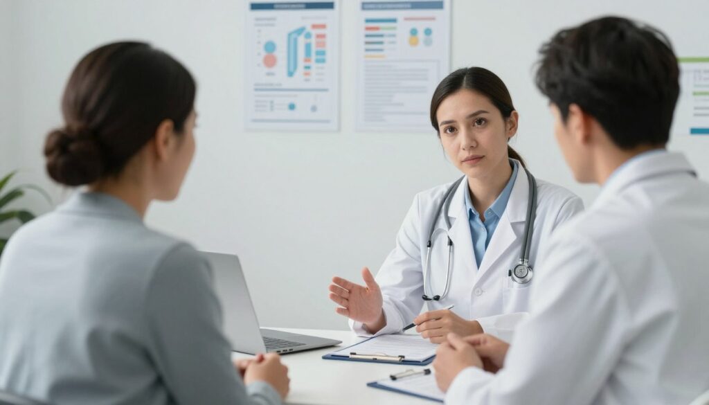 Professionelle medizinische Entscheidungsfindung zwischen Arzt und Patient in Beratungssituation