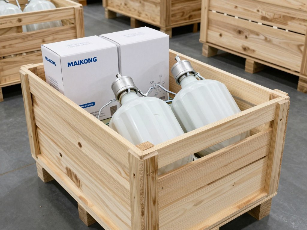 Verpackte MAIKONG Geräte in Holzkisten bereit für internationalen Versand