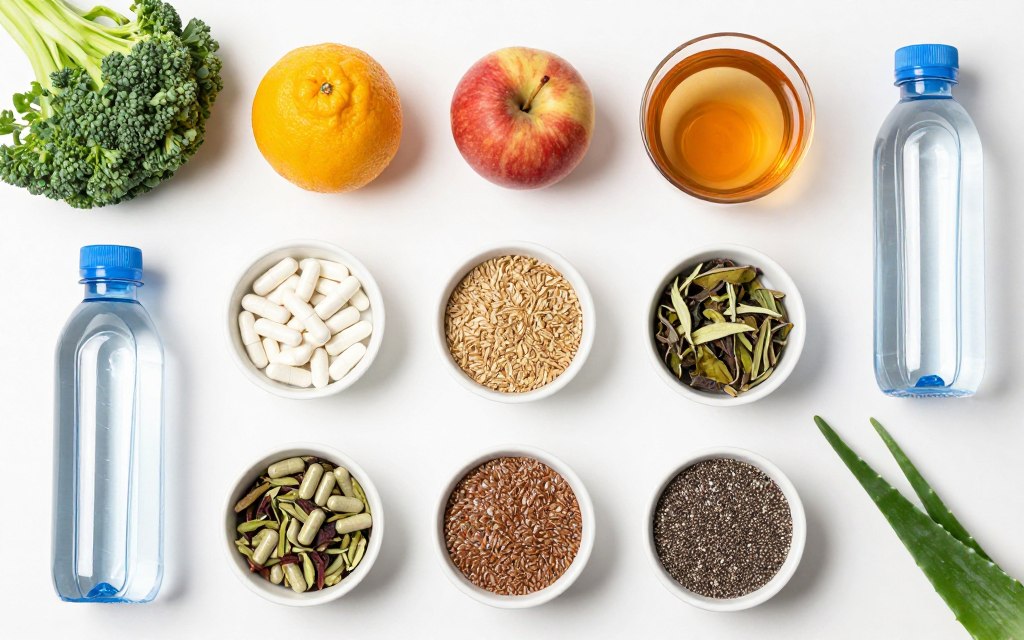 Verschiedene colon cleanse Methoden dargestellt mit natürlichen Lebensmitteln und Getränken