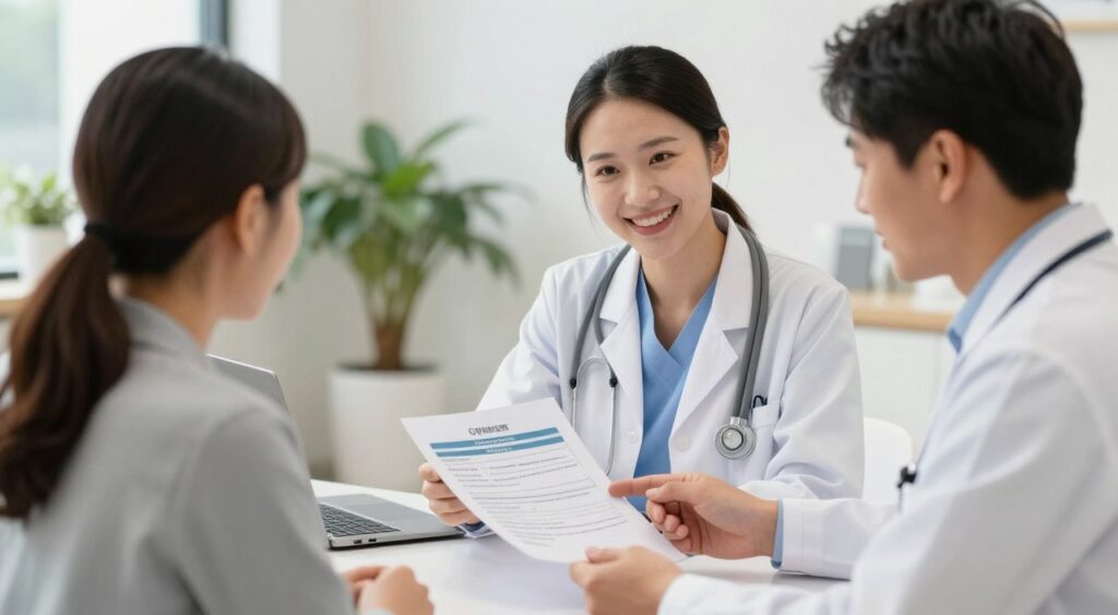 patient reviewing health insurance coverage documents with healthcare advisor