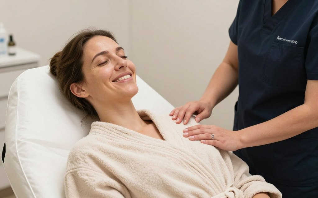 Zufriedene colon hydrotherapy acne Behandlung Patientin in deutscher Wellness-Klinik